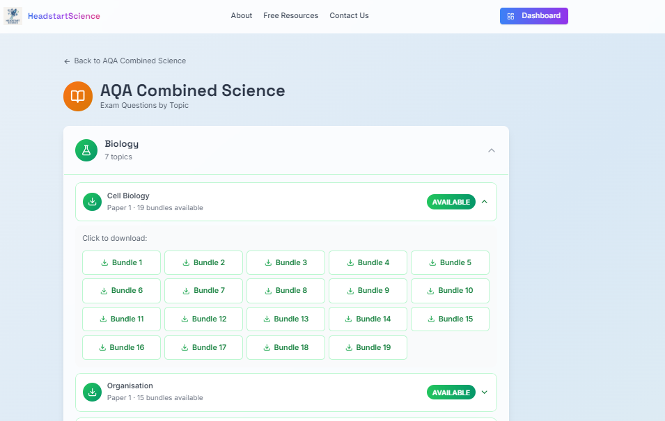 Exam questions page with downloadable bundles