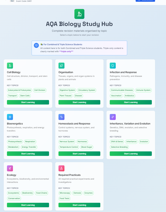 Biology Study Hub with topics